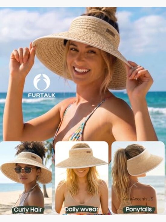Wide Brim Raffia Straw Sun Hat, UPF 50+ Packable Beach Visor with Ponytail Hole main image 4